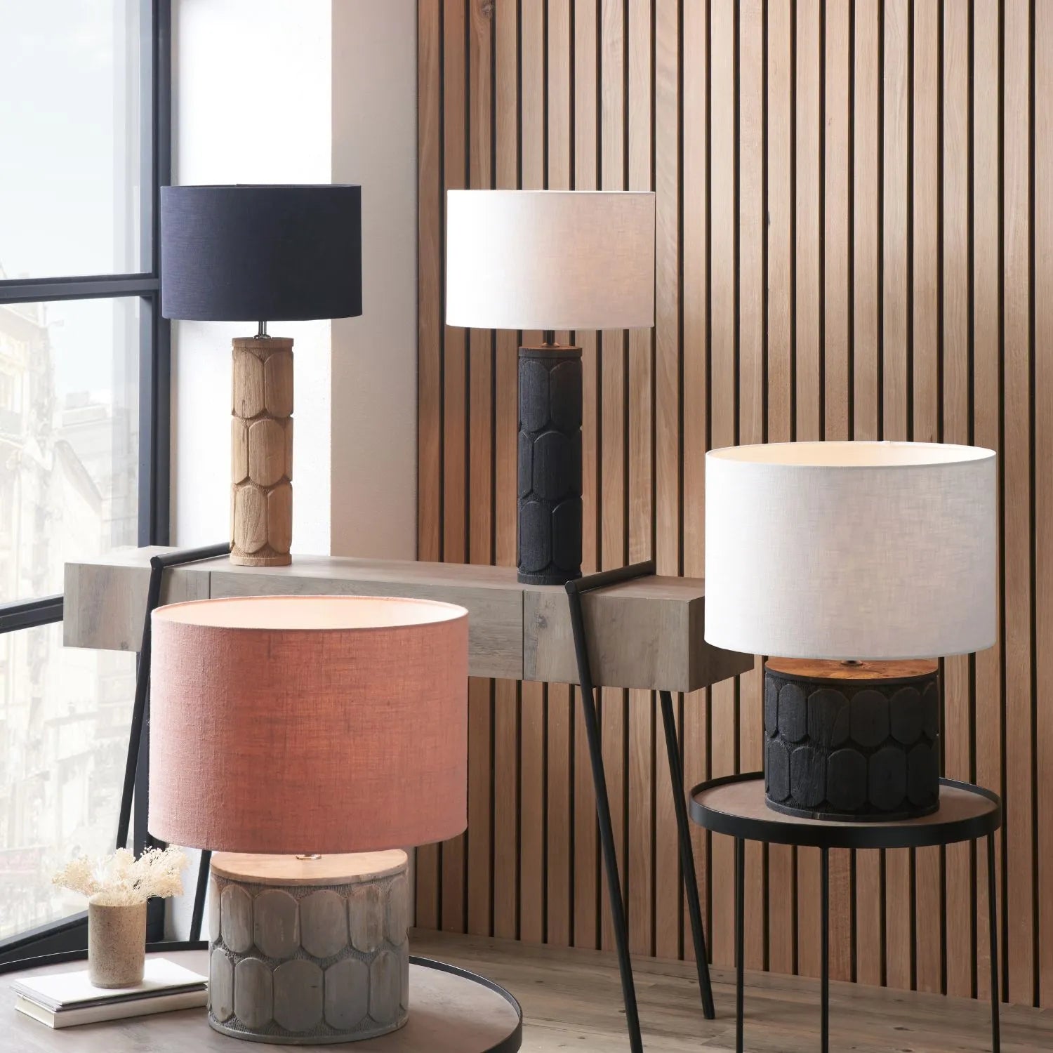 Tall Rustic Black Mango Wood Table Lamp Base with Hand-Carved Embossed Scallop Design – Cylindrical Wooden Light 50x11x11cm - Click Style