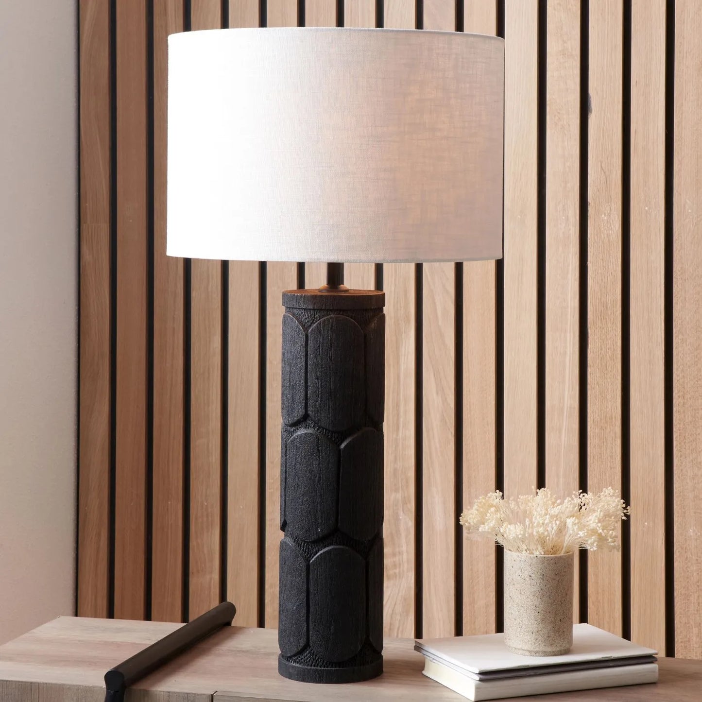 Tall Rustic Black Mango Wood Table Lamp Base with Hand-Carved Embossed Scallop Design – Cylindrical Wooden Light 50x11x11cm - Click Style