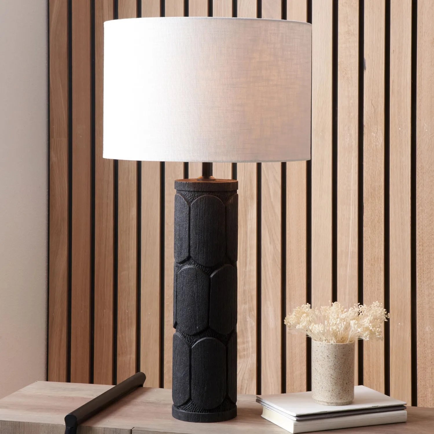 Tall Rustic Black Mango Wood Table Lamp Base with Hand-Carved Embossed Scallop Design – Cylindrical Wooden Light 50x11x11cm - Click Style