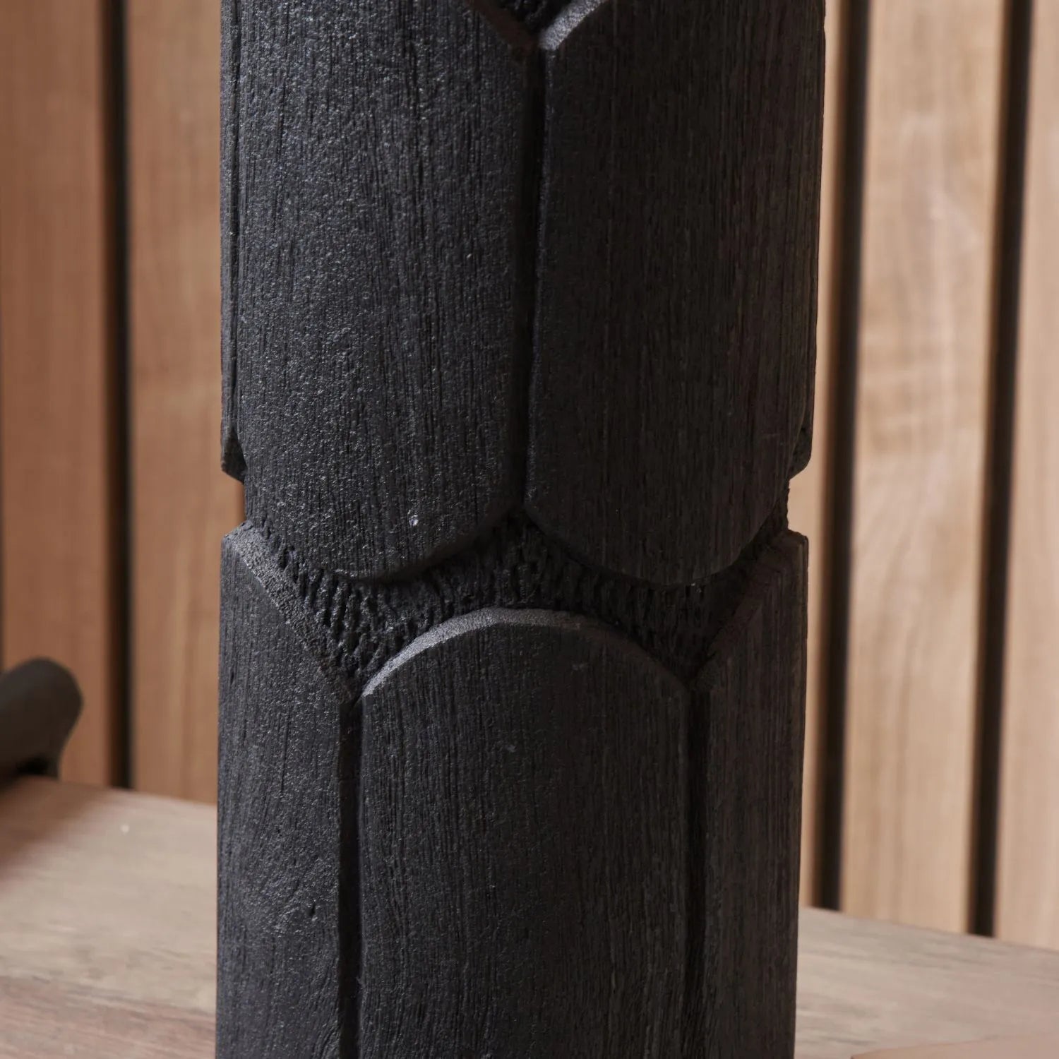 Tall Rustic Black Mango Wood Table Lamp Base with Hand-Carved Embossed Scallop Design – Cylindrical Wooden Light 50x11x11cm - Click Style