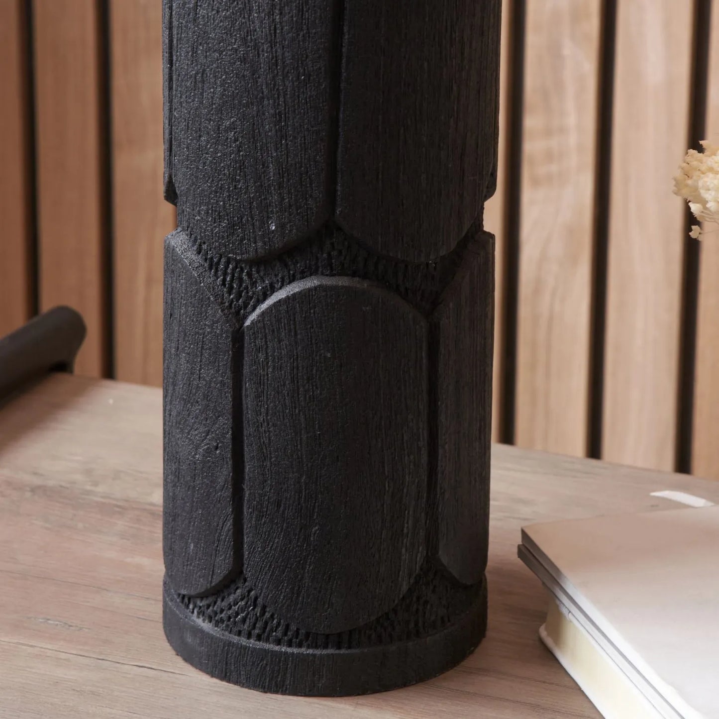 Tall Rustic Black Mango Wood Table Lamp Base with Hand-Carved Embossed Scallop Design – Cylindrical Wooden Light 50x11x11cm - Click Style