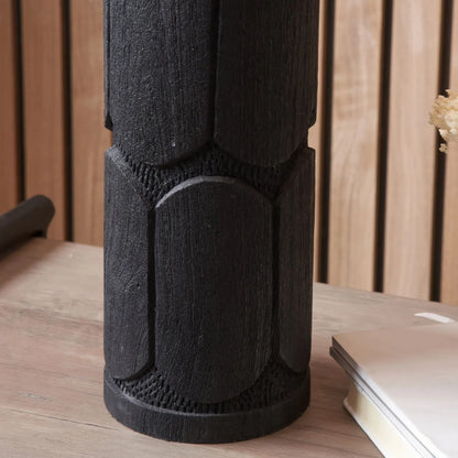 Tall Rustic Black Mango Wood Table Lamp Base with Hand-Carved Embossed Scallop Design – Cylindrical Wooden Light 50x11x11cm - Click Style
