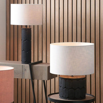 Tall Rustic Black Mango Wood Table Lamp Base with Hand-Carved Embossed Scallop Design – Cylindrical Wooden Light 50x11x11cm - Click Style