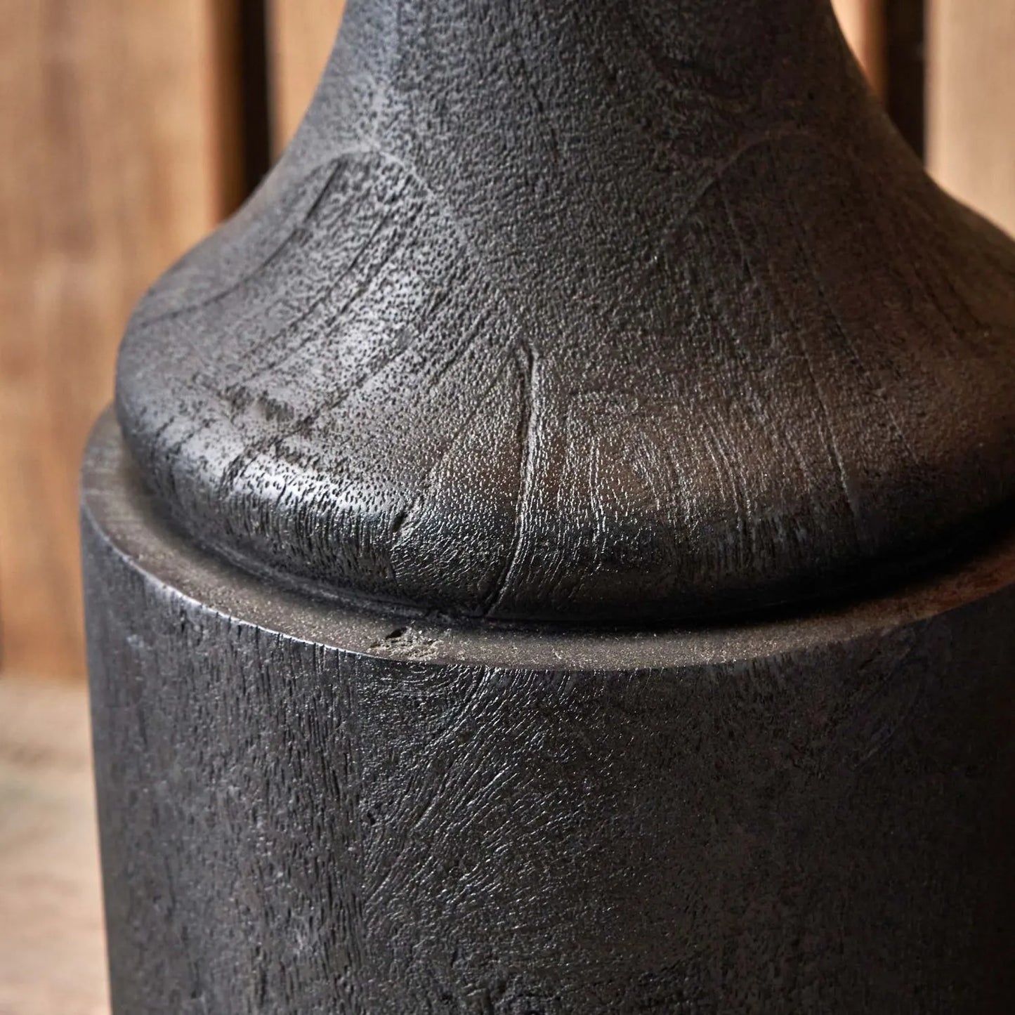 Tall Rustic Black Mango Wood Table Lamp with Beige Taupe Chevron Tapered Pleated Shade – Hand-Carved Long Neck Wooden Light 81x40x40cm - Click Style