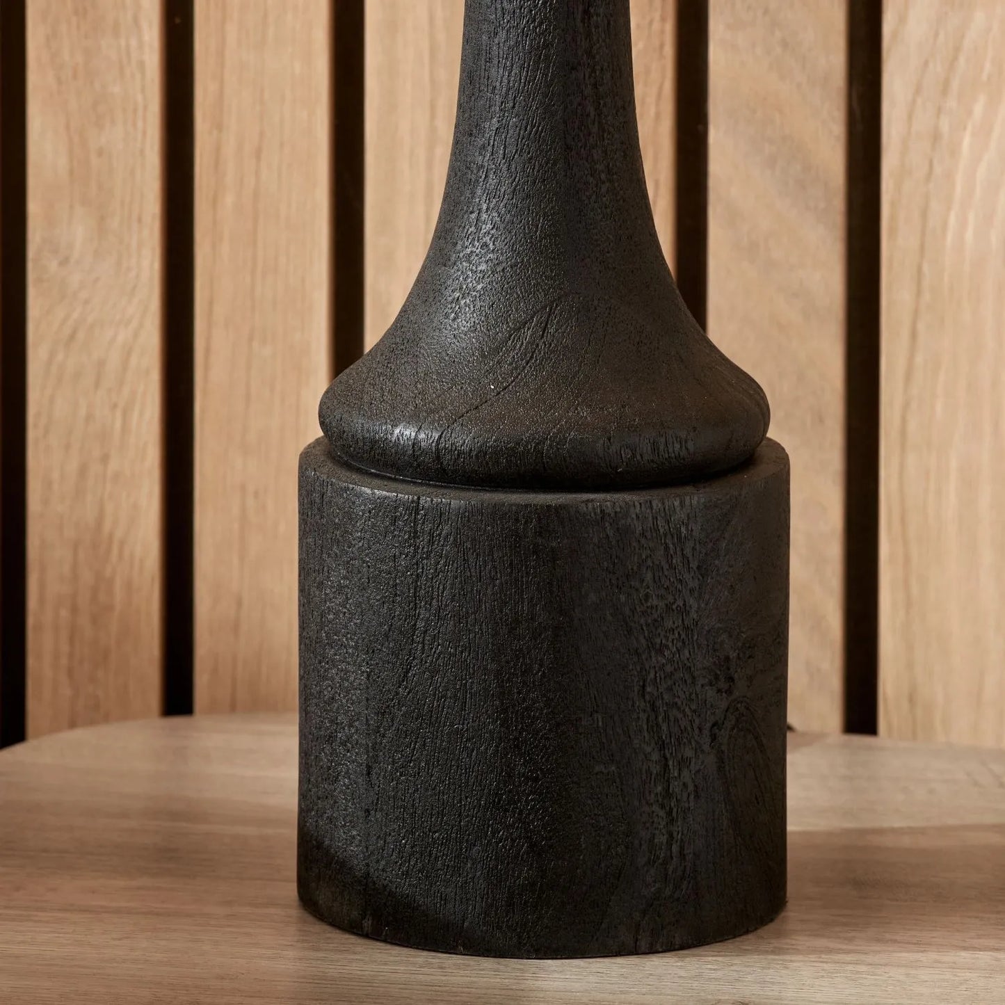 Tall Rustic Black Mango Wood Table Lamp with Beige Taupe Chevron Tapered Pleated Shade – Hand-Carved Long Neck Wooden Light 81x40x40cm - Click Style