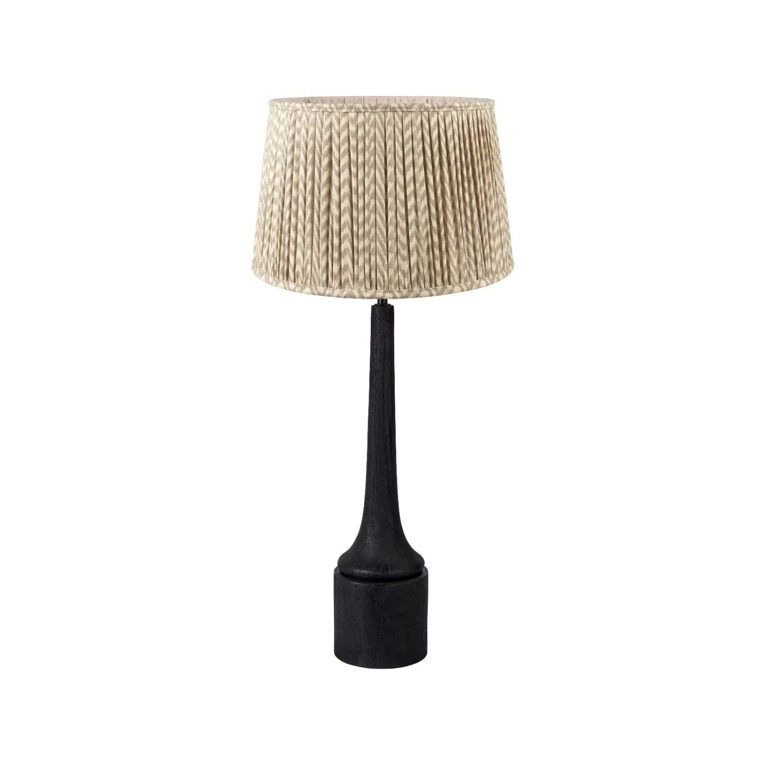 Tall Rustic Black Mango Wood Table Lamp with Beige Taupe Chevron Tapered Pleated Shade – Hand-Carved Long Neck Wooden Light 81x40x40cm - Click Style