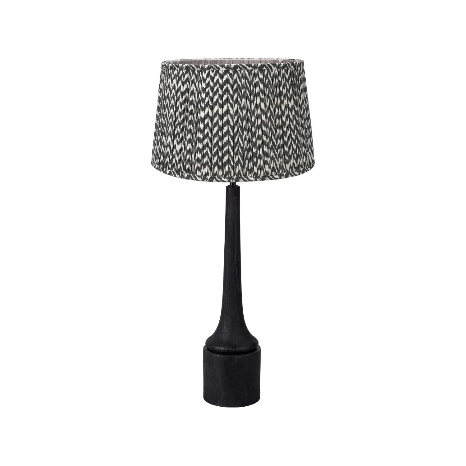 Tall Rustic Black Mango Wood Table Lamp with Black Chevron Tapered Pleated Shade – Hand-Carved Long Neck Wooden Light 81x40x40cm - Click Style