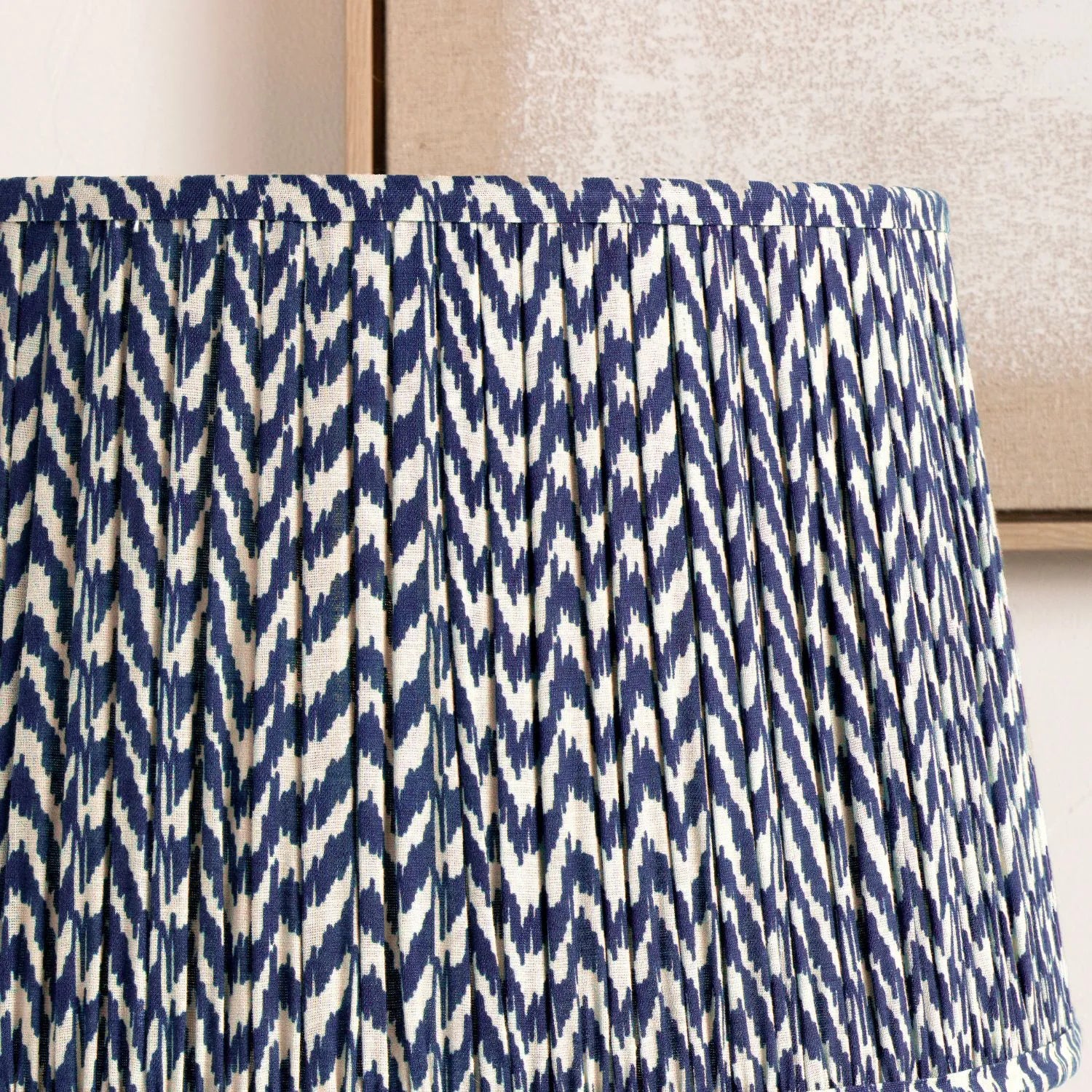 Tall Rustic Black Mango Wood Table Lamp with Blue Chevron Tapered Pleated Shade – Hand-Carved Long Neck Wooden Light 81x40x40cm - Click Style