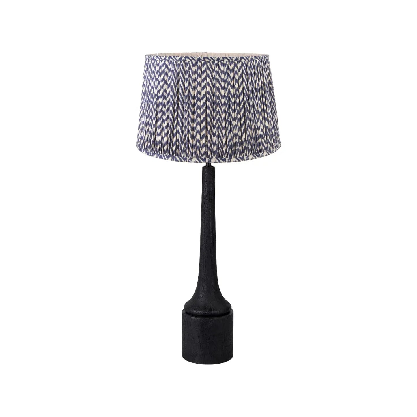 Tall Rustic Black Mango Wood Table Lamp with Blue Chevron Tapered Pleated Shade – Hand-Carved Long Neck Wooden Light 81x40x40cm - Click Style