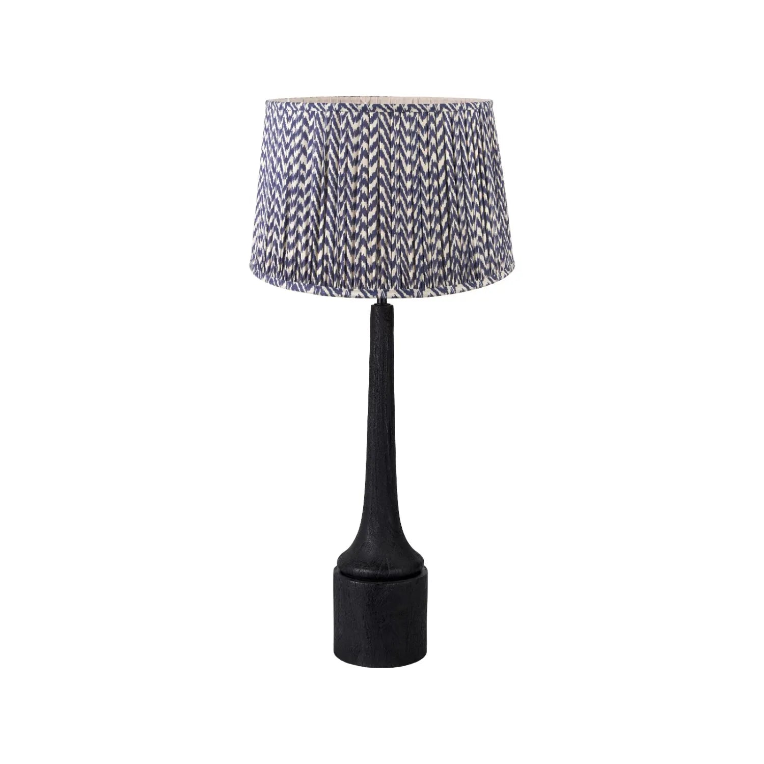 Tall Rustic Black Mango Wood Table Lamp with Blue Chevron Tapered Pleated Shade – Hand-Carved Long Neck Wooden Light 81x40x40cm - Click Style