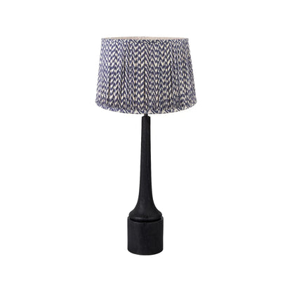 Tall Rustic Black Mango Wood Table Lamp with Blue Chevron Tapered Pleated Shade – Hand-Carved Long Neck Wooden Light 81x40x40cm - Click Style