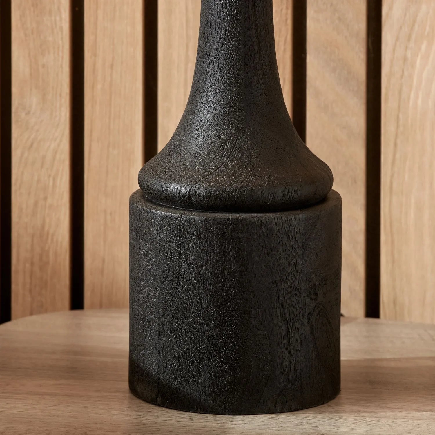Tall Rustic Black Mango Wood Table Lamp with Green Chevron Tapered Pleated Shade – Hand-Carved Long Neck Wooden Light 81x40x40cm - Click Style
