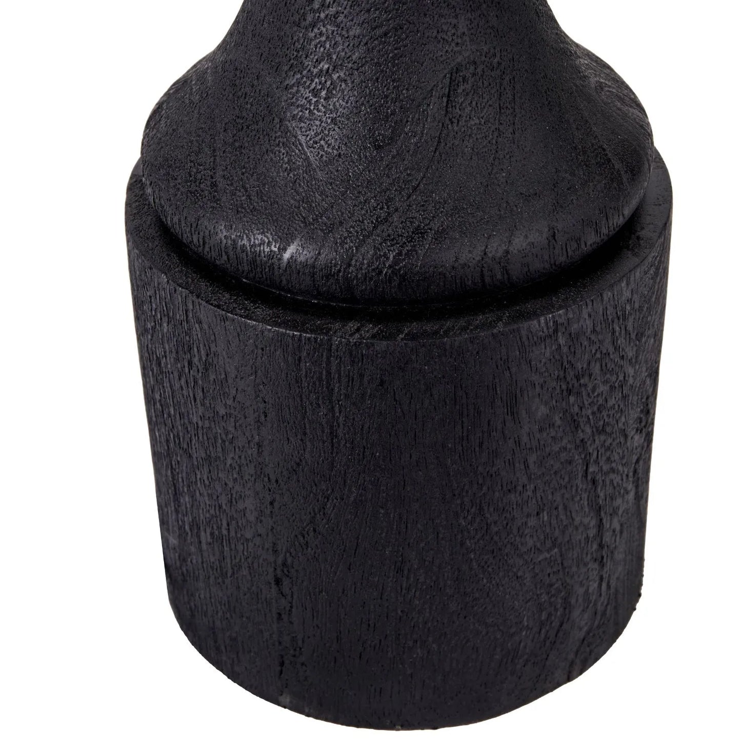 Tall Rustic Black Mango Wood Table Lamp with White Linen Drum Shade – Hand-Carved Long Tapered Neck Wooden Light 85x40x40cm - Click Style