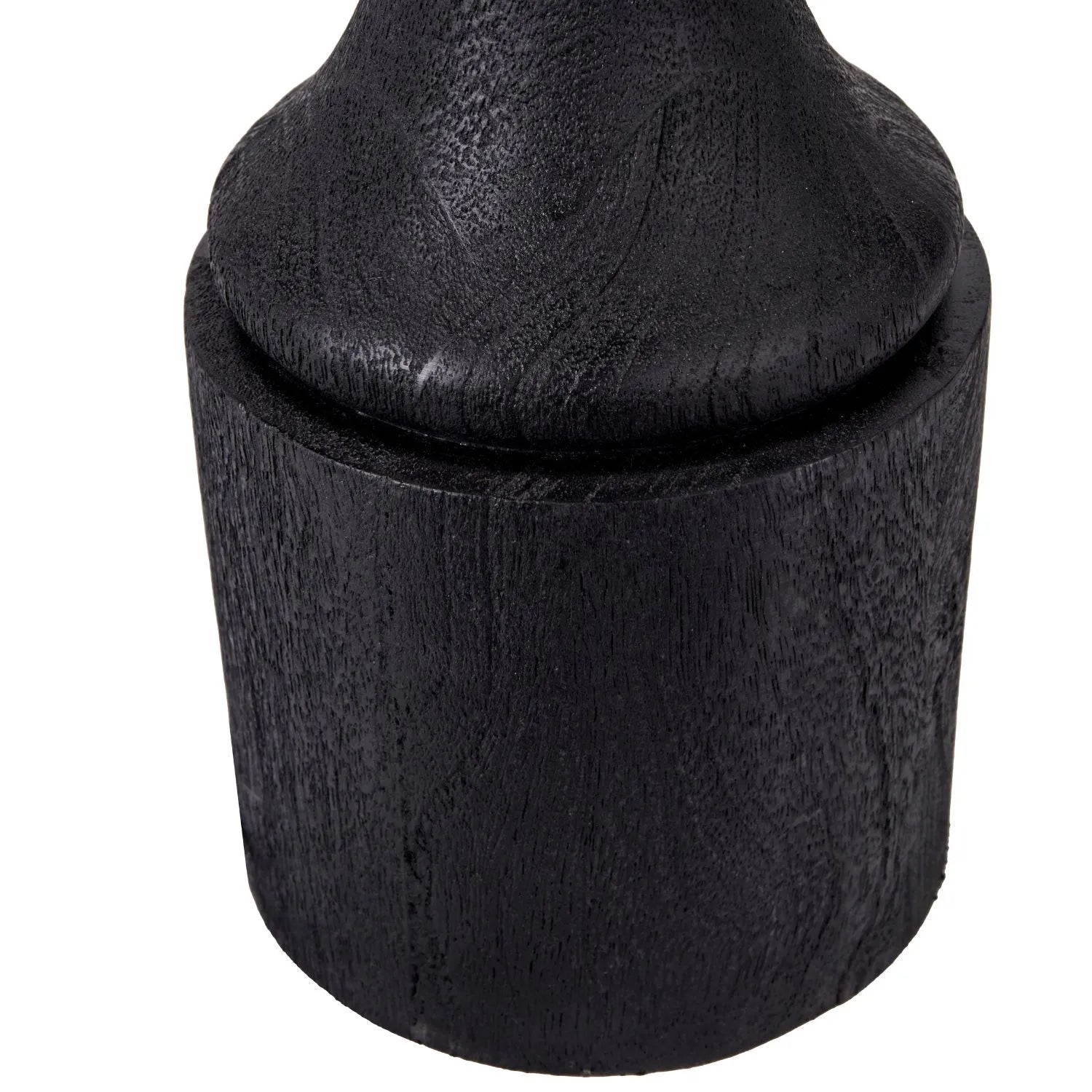 Tall Rustic Black Mango Wood Table Lamp with White Linen Drum Shade – Hand-Carved Long Tapered Neck Wooden Light 85x40x40cm - Click Style