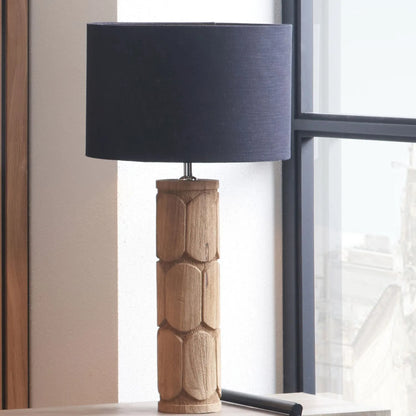 Tall Rustic Natural Mango Wood Table Lamp with Black Linen Drum Shade – Hand-Carved Embossed Scallop Design Wooden Light 67x35x35cm - Click Style