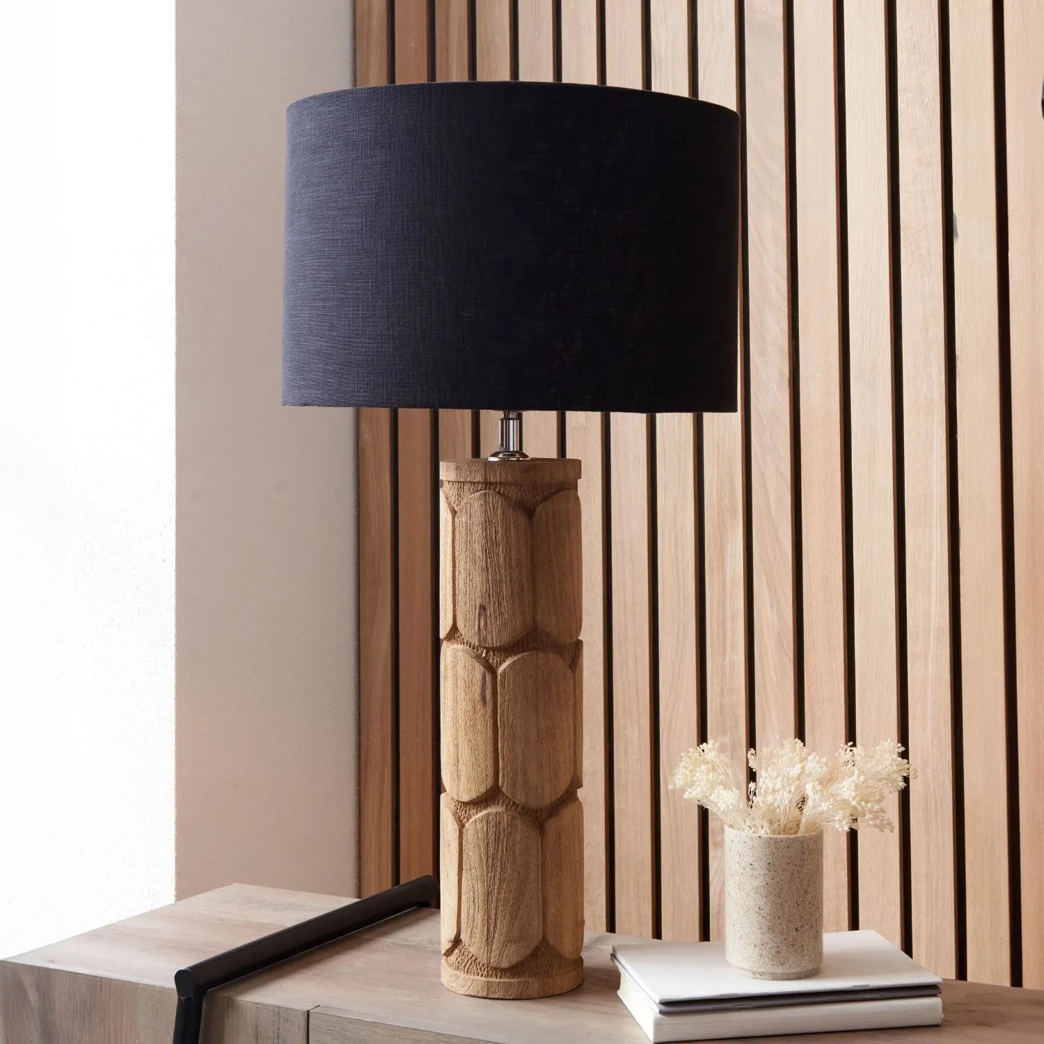 Tall Rustic Natural Mango Wood Table Lamp with Black Linen Drum Shade – Hand-Carved Embossed Scallop Design Wooden Light 67x35x35cm - Click Style