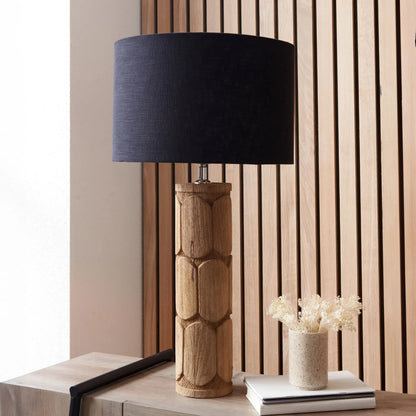 Tall Rustic Natural Mango Wood Table Lamp with Black Linen Drum Shade – Hand-Carved Embossed Scallop Design Wooden Light 67x35x35cm - Click Style