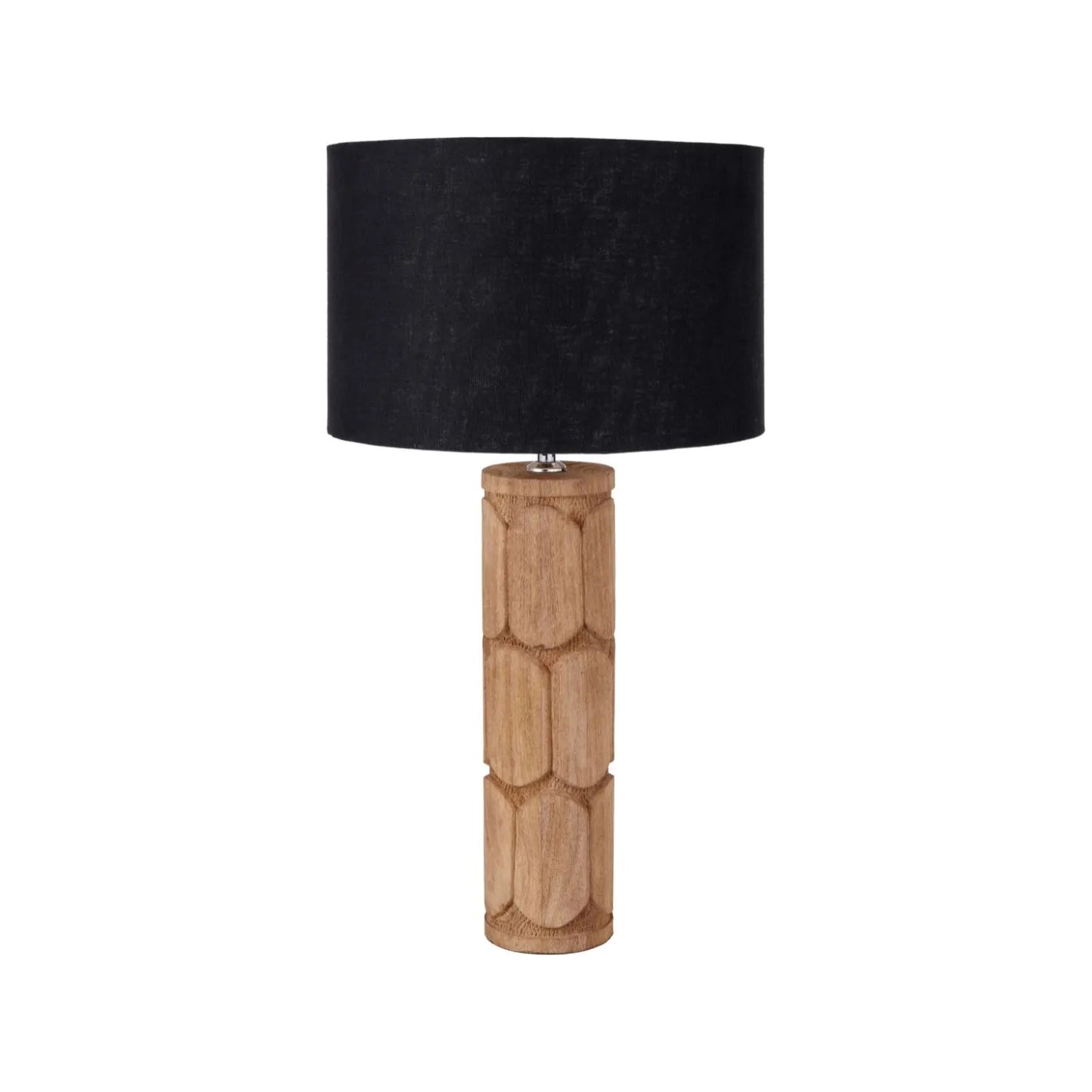 Tall Rustic Natural Mango Wood Table Lamp with Black Linen Drum Shade – Hand-Carved Embossed Scallop Design Wooden Light 67x35x35cm - Click Style