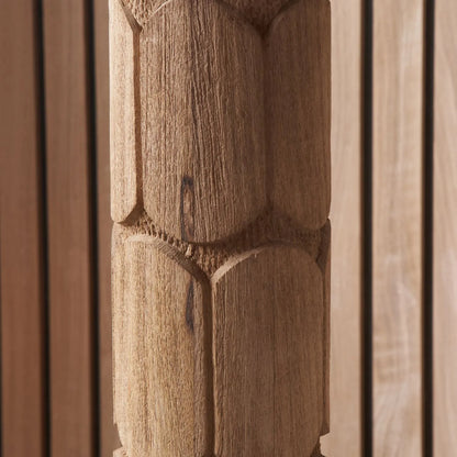 Tall Rustic Natural Mango Wood Table Lamp with Black Linen Drum Shade – Hand-Carved Embossed Scallop Design Wooden Light 67x35x35cm - Click Style