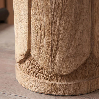 Tall Rustic Natural Mango Wood Table Lamp with Black Linen Drum Shade – Hand-Carved Embossed Scallop Design Wooden Light 67x35x35cm - Click Style