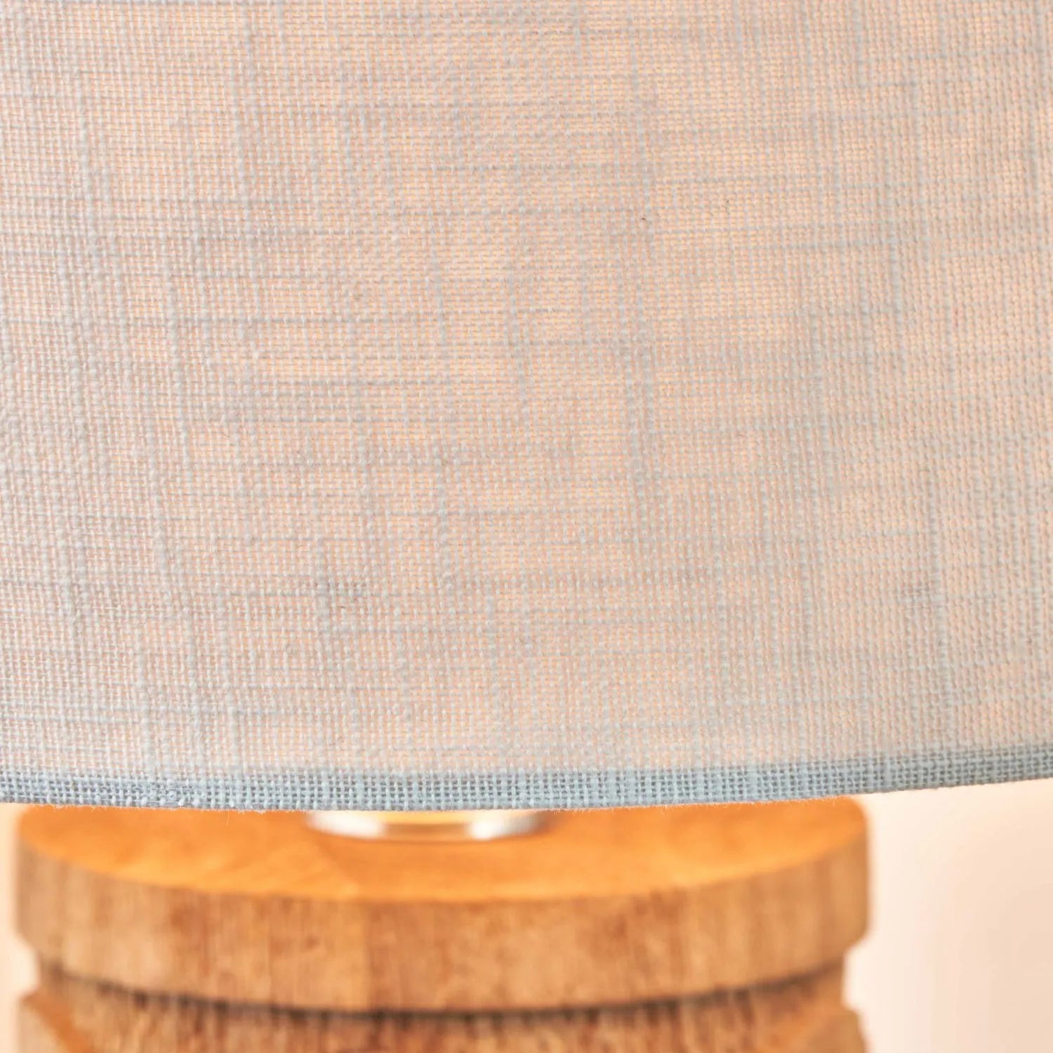 Tall Rustic Natural Mango Wood Table Lamp with White Linen Drum Shade – Hand-Carved Embossed Scallop Design Wooden Light 67x35x35cm - Click Style