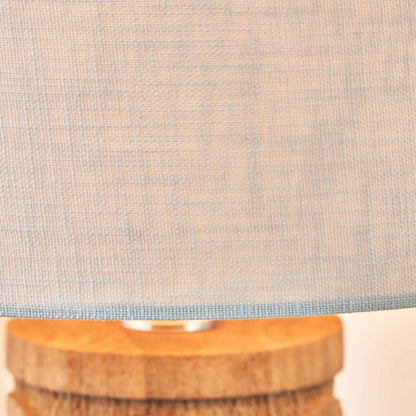 Tall Rustic Natural Mango Wood Table Lamp with White Linen Drum Shade – Hand-Carved Embossed Scallop Design Wooden Light 67x35x35cm - Click Style