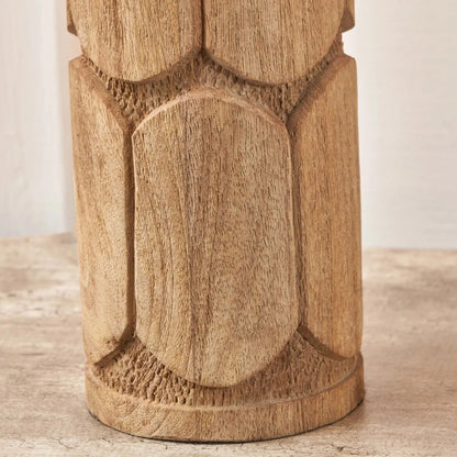 Tall Rustic Natural Mango Wood Table Lamp with White Linen Drum Shade – Hand-Carved Embossed Scallop Design Wooden Light 67x35x35cm - Click Style