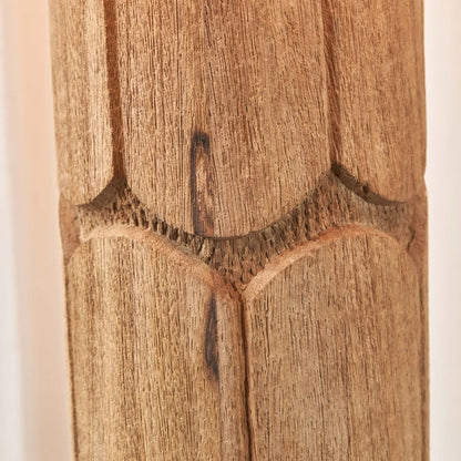 Tall Rustic Natural Mango Wood Table Lamp with White Linen Drum Shade – Hand-Carved Embossed Scallop Design Wooden Light 67x35x35cm - Click Style