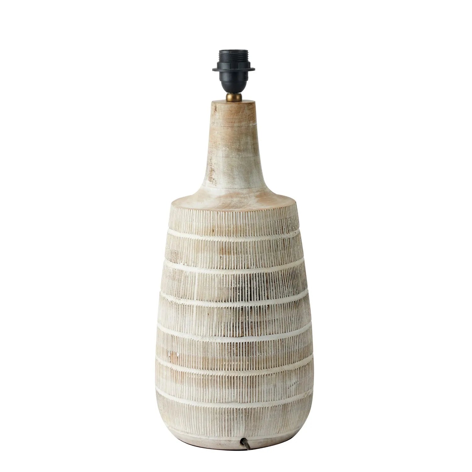 Tall Rustic Whitewashed Mango Wood Table Lamp Base with Hand-Carved Linear Detailing – Bottle-Shaped Wooden Lamp 47x20x20cm - Click Style
