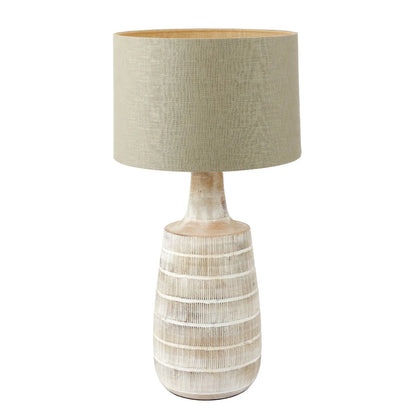 Tall Rustic Whitewashed Mango Wood Table Lamp Base with Hand-Carved Linear Detailing – Bottle-Shaped Wooden Lamp 47x20x20cm - Click Style