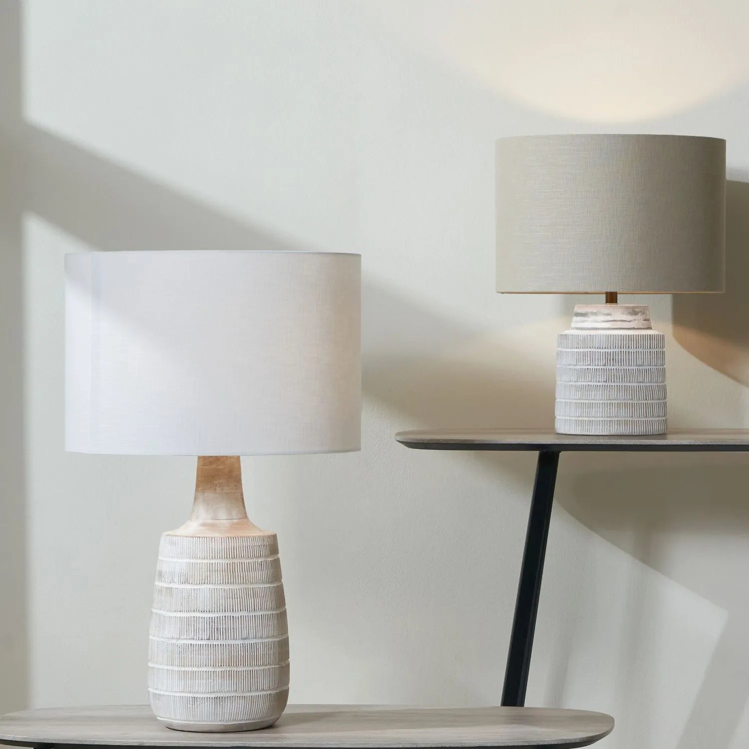 Tall Rustic Whitewashed Mango Wood Table Lamp Base with Hand-Carved Linear Detailing – Bottle-Shaped Wooden Lamp 47x20x20cm - Click Style