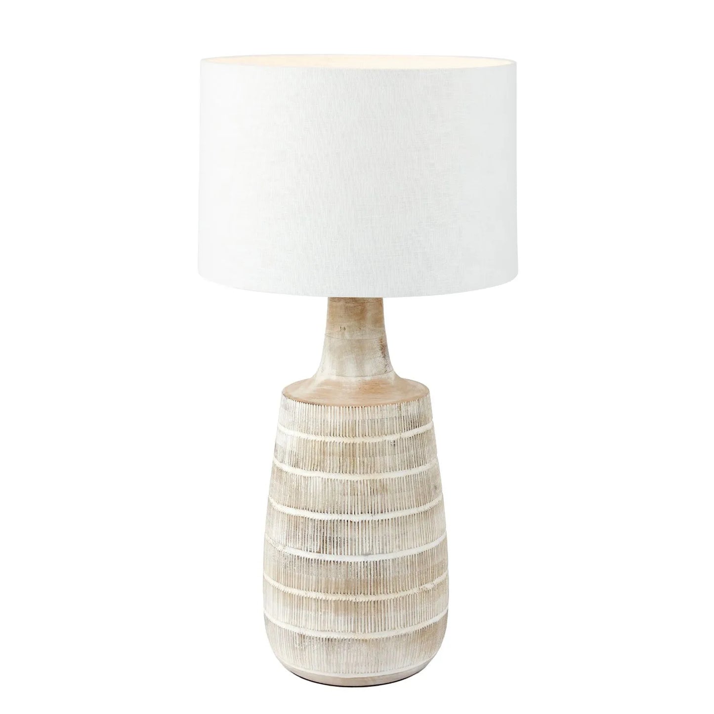 Tall Rustic Whitewashed Mango Wood Table Lamp Base with Hand-Carved Linear Detailing – Bottle-Shaped Wooden Lamp 47x20x20cm - Click Style