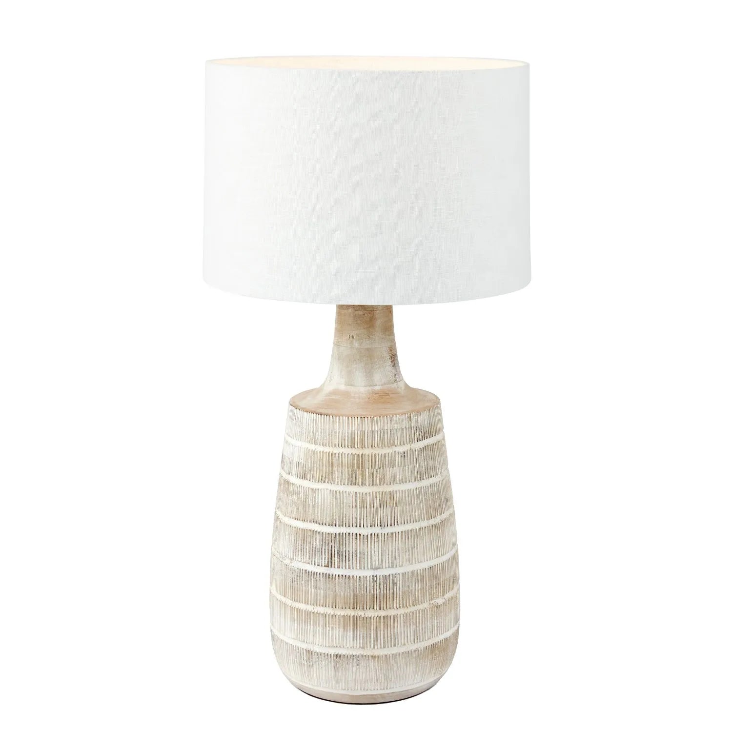 Tall Rustic Whitewashed Mango Wood Table Lamp Base with Hand-Carved Linear Detailing – Bottle-Shaped Wooden Lamp 47x20x20cm - Click Style