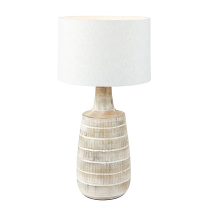 Tall Rustic Whitewashed Mango Wood Table Lamp Base with Hand-Carved Linear Detailing – Bottle-Shaped Wooden Lamp 47x20x20cm - Click Style