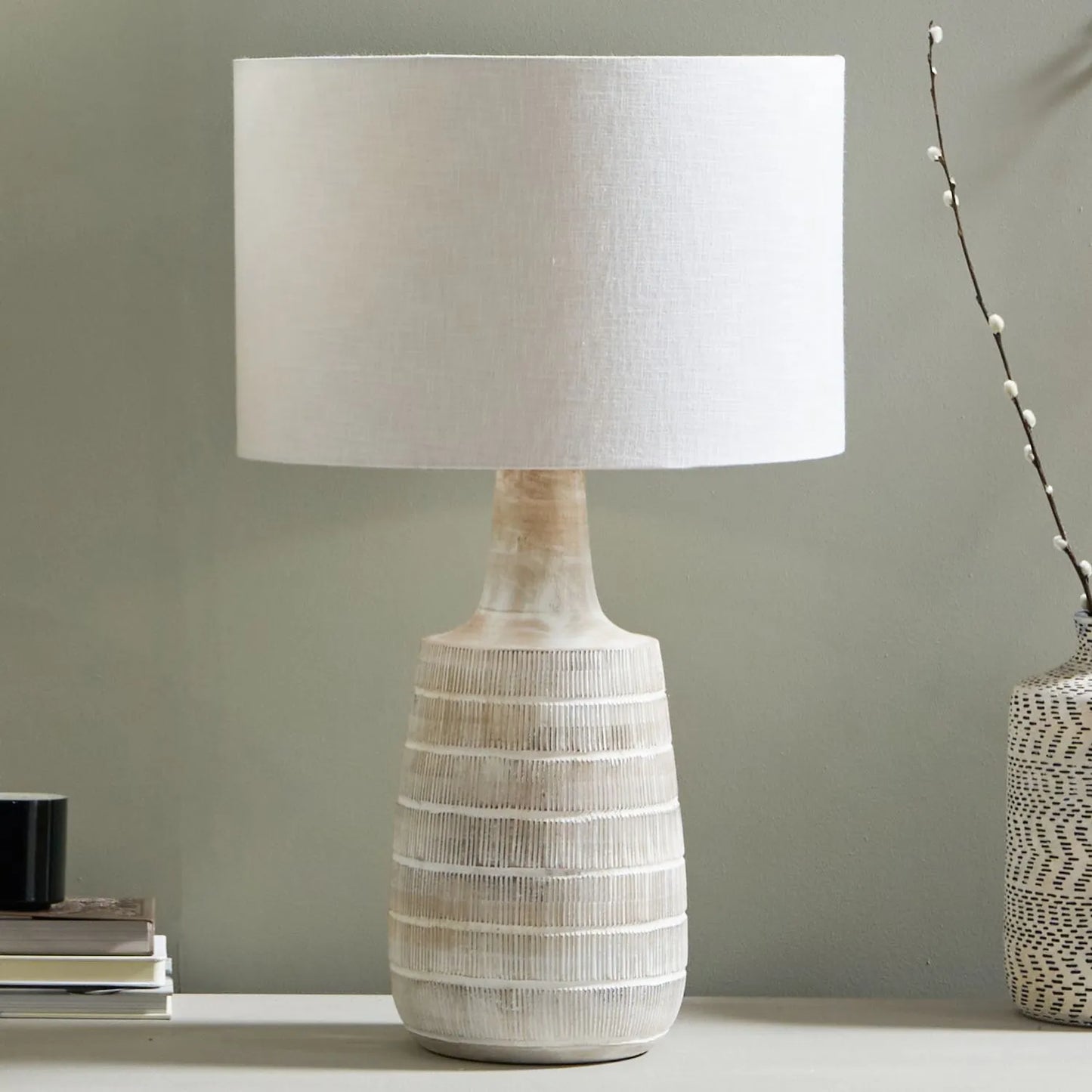 Tall Rustic Whitewashed Mango Wood Table Lamp Base with Hand-Carved Linear Detailing – Bottle-Shaped Wooden Lamp 47x20x20cm - Click Style