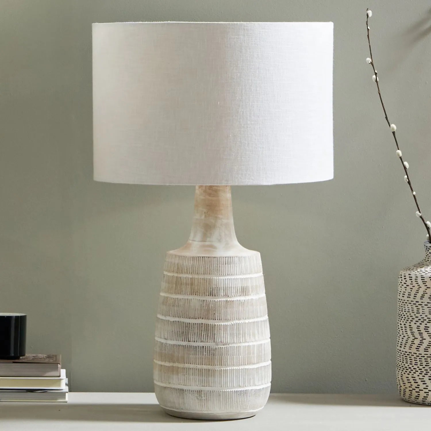 Tall Rustic Whitewashed Mango Wood Table Lamp Base with Hand-Carved Linear Detailing – Bottle-Shaped Wooden Lamp 47x20x20cm - Click Style