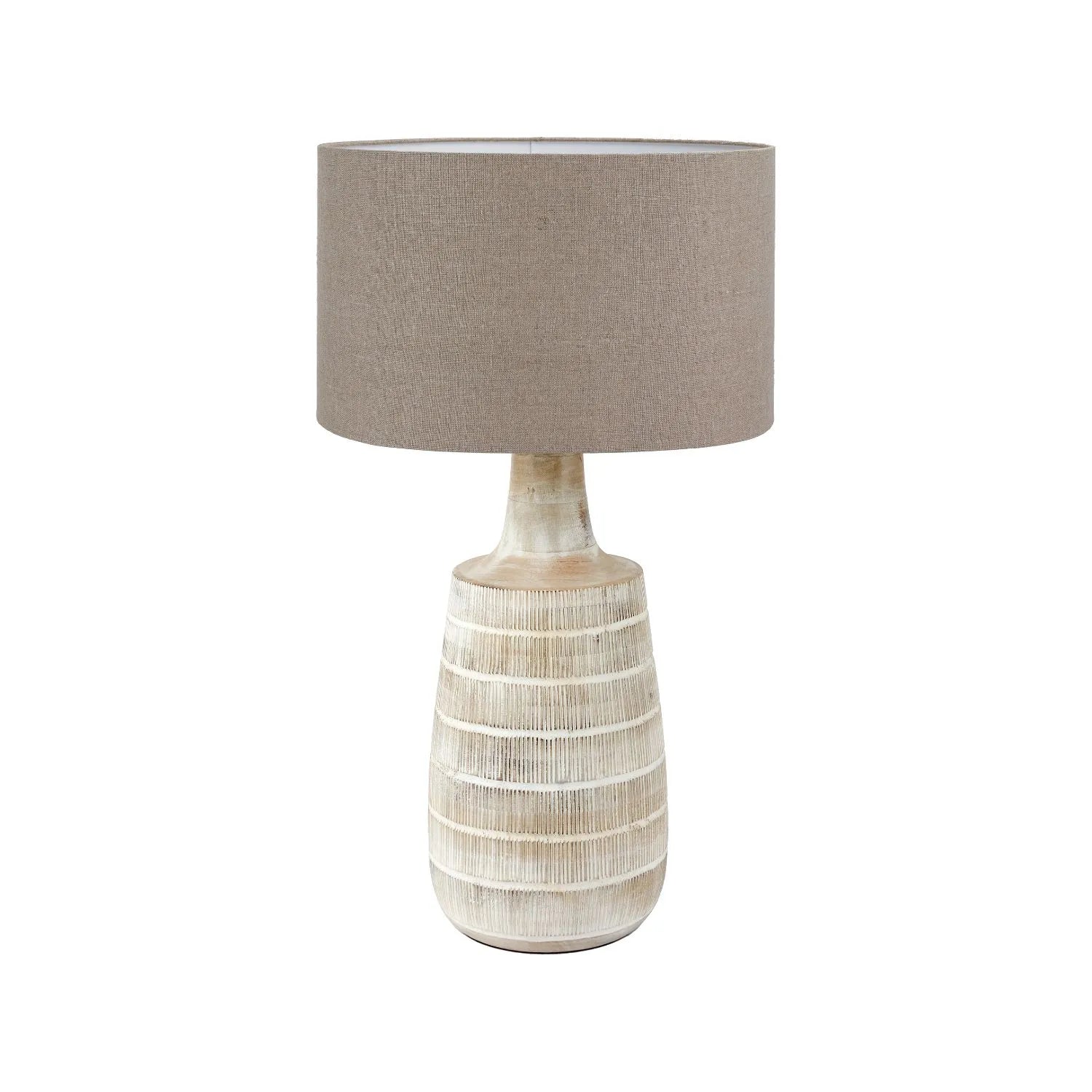 Tall Rustic Whitewashed Mango Wood Table Lamp with Natural Jute Linen Drum Shade – Hand-Carved Bottle-Shaped Wooden Lamp 69x40x40cm - Click Style