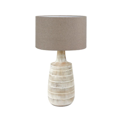 Tall Rustic Whitewashed Mango Wood Table Lamp with Natural Jute Linen Drum Shade – Hand-Carved Bottle-Shaped Wooden Lamp 69x40x40cm - Click Style