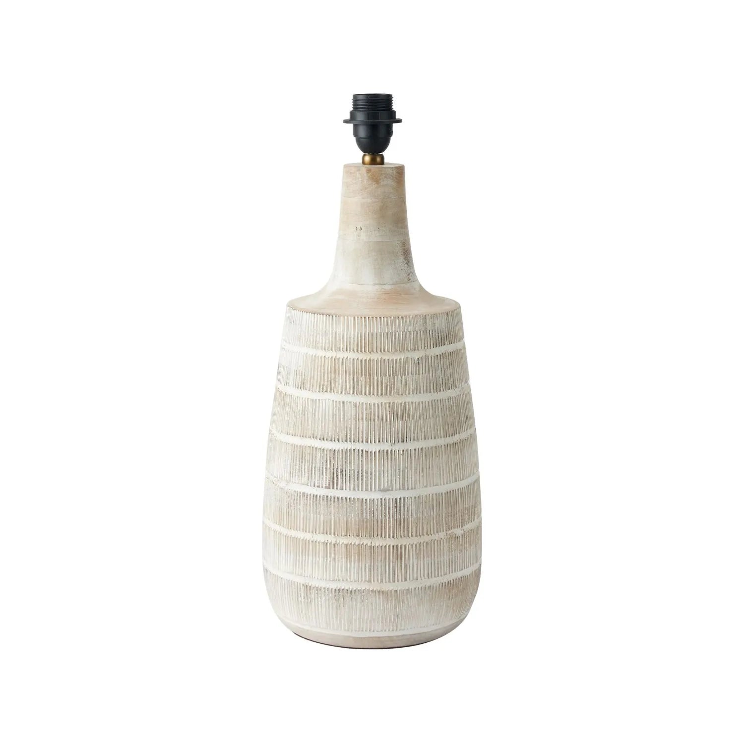 Tall Rustic Whitewashed Mango Wood Table Lamp with White Self-Lined Linen Drum Shade – Hand-Carved Bottle-Shaped Wooden Lamp 64x35x35cm - Click Style