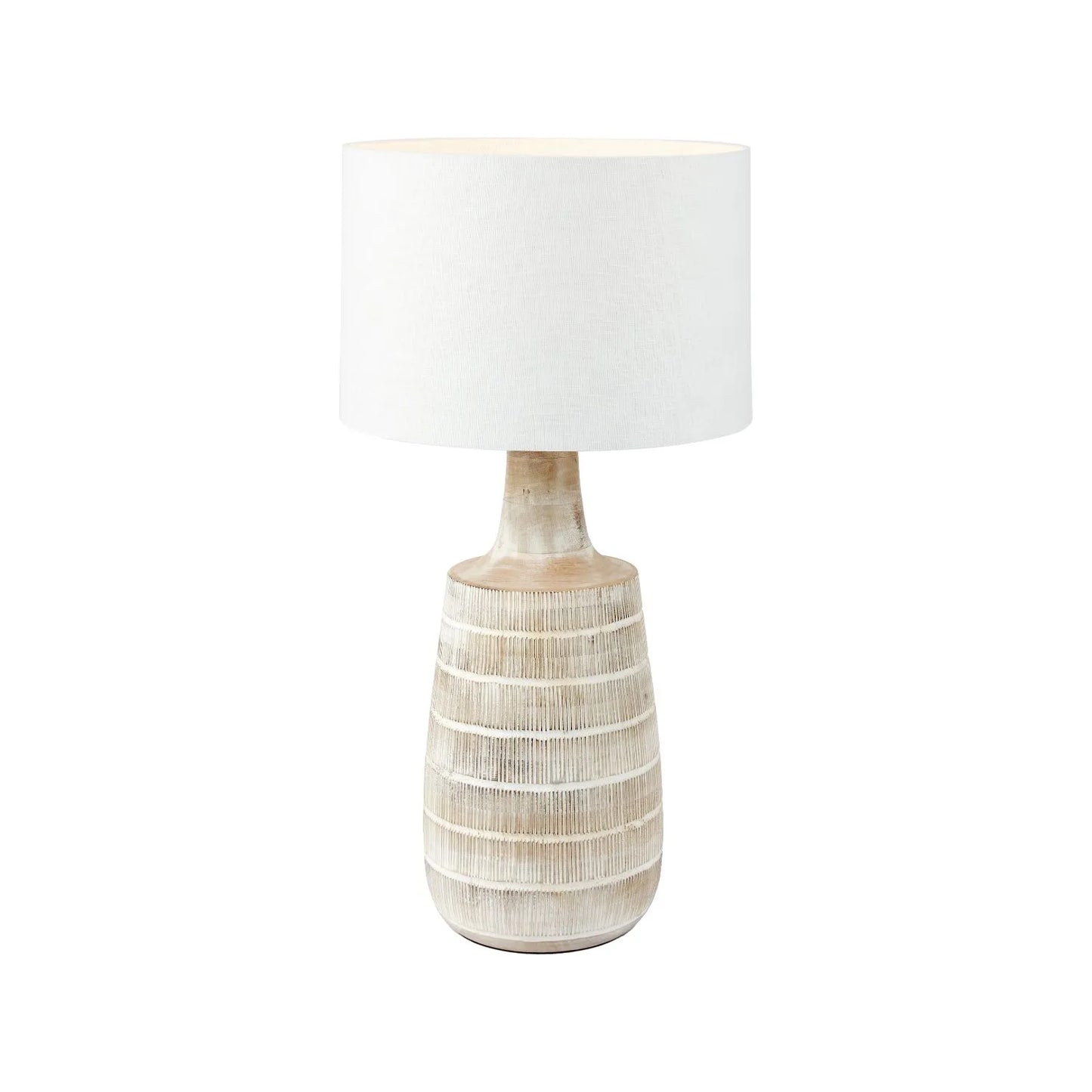 Tall Rustic Whitewashed Mango Wood Table Lamp with White Self-Lined Linen Drum Shade – Hand-Carved Bottle-Shaped Wooden Lamp 64x35x35cm - Click Style