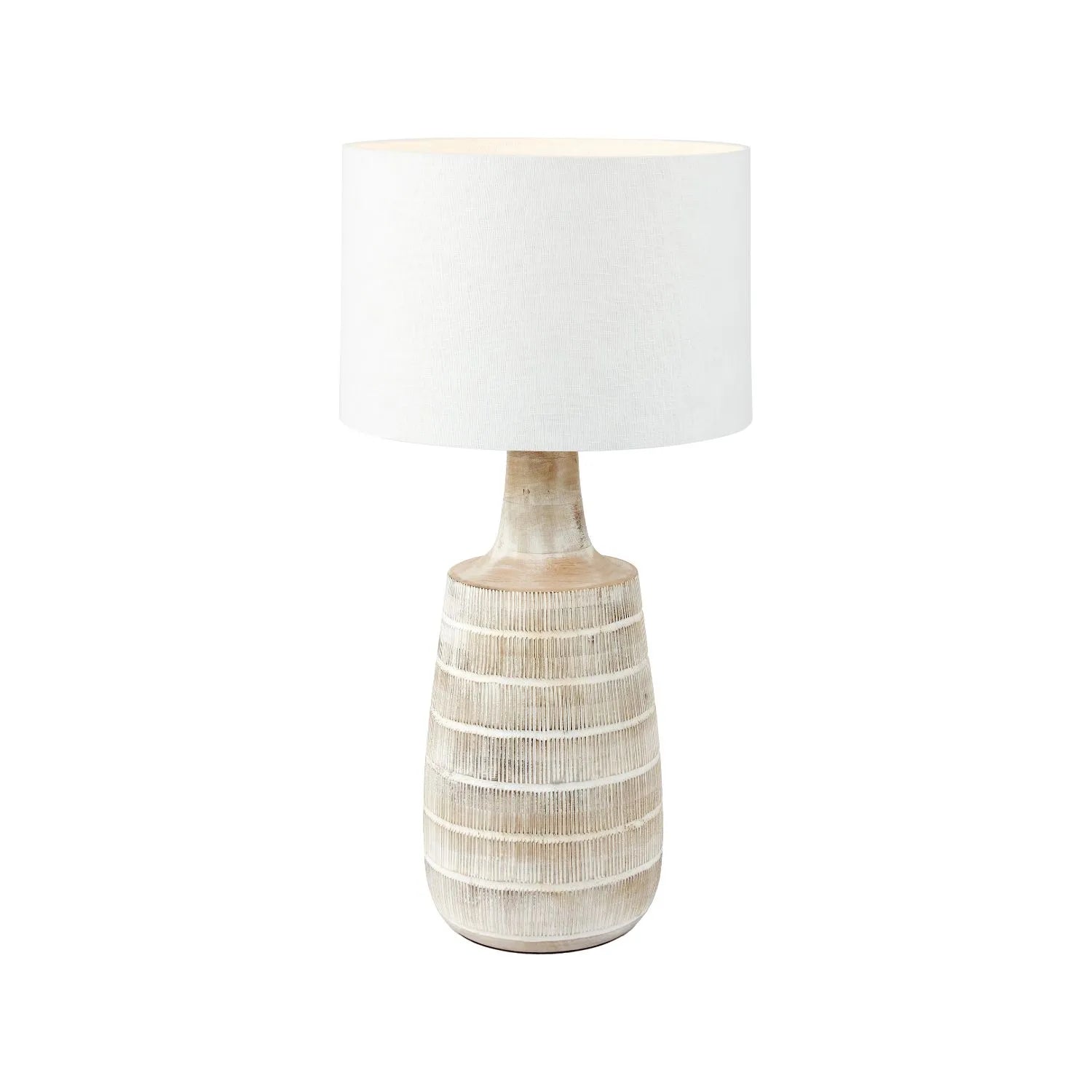 Tall Rustic Whitewashed Mango Wood Table Lamp with White Self-Lined Linen Drum Shade – Hand-Carved Bottle-Shaped Wooden Lamp 64x35x35cm - Click Style