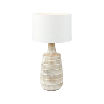 Tall Rustic Whitewashed Mango Wood Table Lamp with White Self-Lined Linen Drum Shade – Hand-Carved Bottle-Shaped Wooden Lamp 64x35x35cm - Click Style