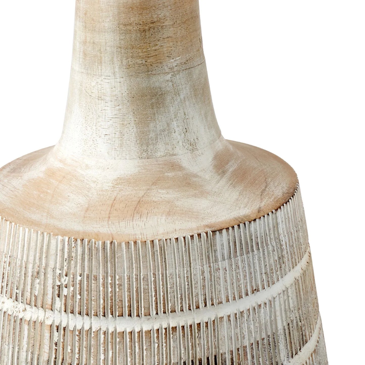 Tall Rustic Whitewashed Mango Wood Table Lamp with White Self-Lined Linen Drum Shade – Hand-Carved Bottle-Shaped Wooden Lamp 64x35x35cm - Click Style