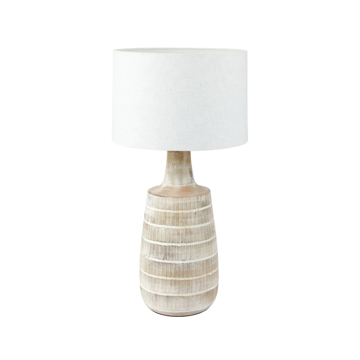 Tall Rustic Whitewashed Mango Wood Table Lamp with White Self-Lined Linen Drum Shade – Hand-Carved Bottle-Shaped Wooden Lamp 64x35x35cm - Click Style