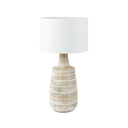 Tall Rustic Whitewashed Mango Wood Table Lamp with White Self-Lined Linen Drum Shade – Hand-Carved Bottle-Shaped Wooden Lamp 64x35x35cm - Click Style