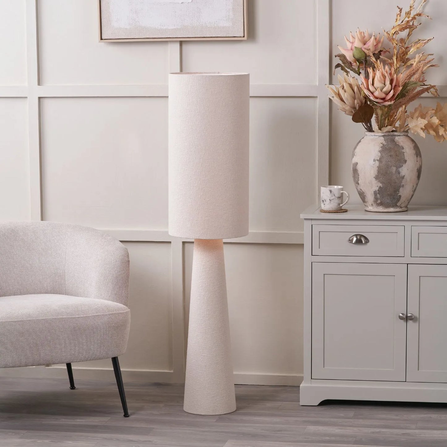 Tall White Slubby Handloom Fabric Floor Lamp with Tapered Column Base & Textured High Drum Shade 129x30x30cm | Click Style