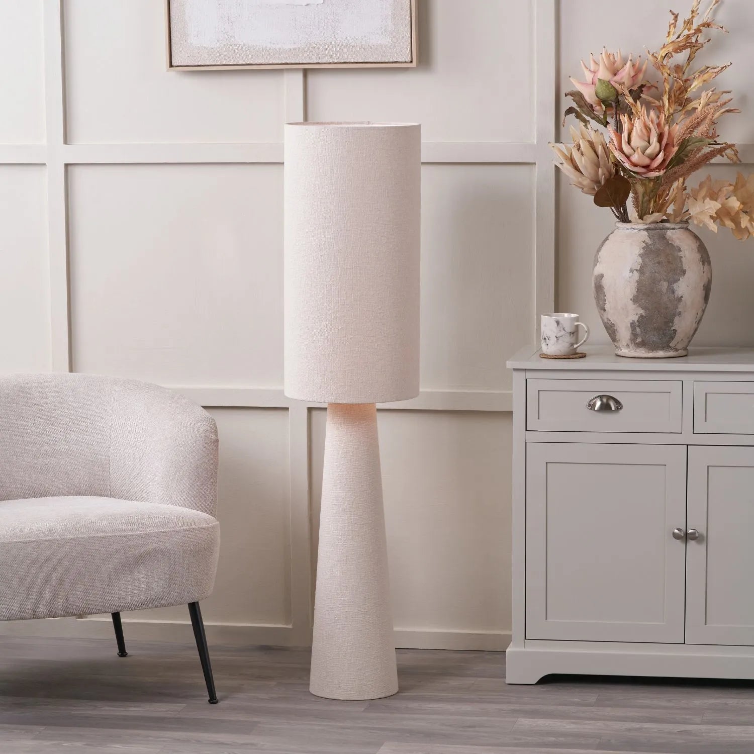 Tall White Slubby Handloom Fabric Floor Lamp with Tapered Column Base & Textured High Drum Shade 129x30x30cm | Click Style