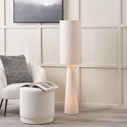 Tall White Slubby Handloom Fabric Floor Lamp with Tapered Column Base & Textured High Drum Shade 129x30x30cm | Click Style