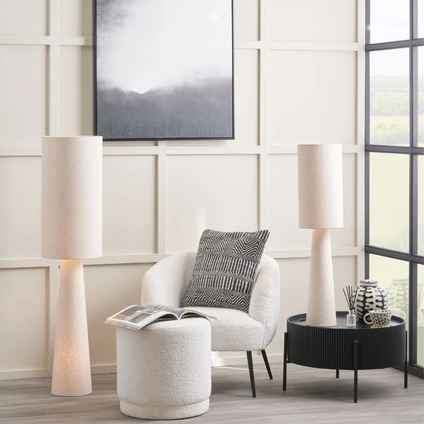 Tall White Slubby Handloom Fabric Floor Lamp with Tapered Column Base & Textured High Drum Shade 129x30x30cm | Click Style