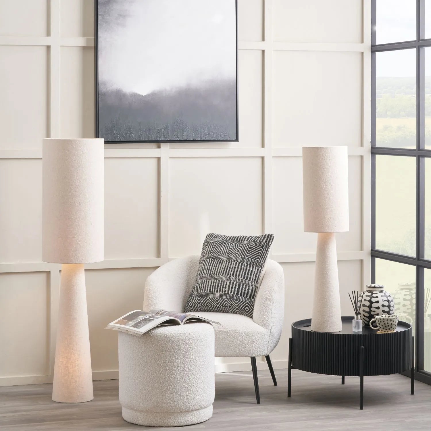 Tall White Slubby Handloom Fabric Floor Lamp with Tapered Column Base & Textured High Drum Shade 129x30x30cm | Click Style